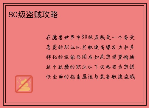 80级盗贼攻略